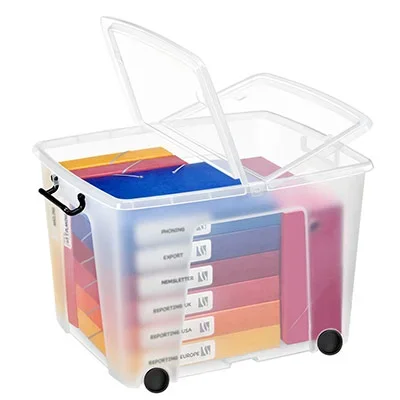 Boîte de rangement en plastique à roulettes Strata – 75 L – couvercle clipsé – dim int 38 x 48 x 37 cm – 75 L – avec roues