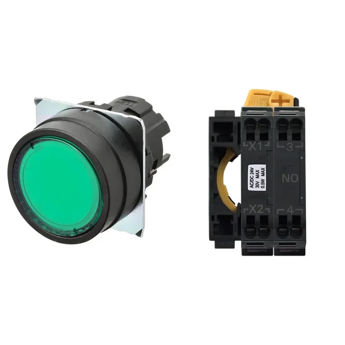 Bouton-poussoir série A22NL, Momentané lumineux, LED Vert, SPST, Montage panneau