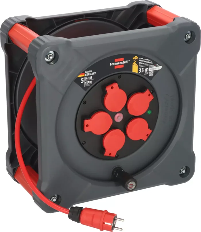 Brennenstuhl Professional KA 3210 Cube de chantier 5 prises enrouleur de câble H07BQ-F 3G2.5 – IP44 – 33m – Rouge