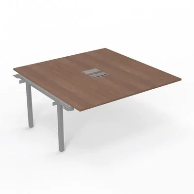 Bureau Arial partagé – élément suivant – L. 160 x P. 165 cm ép. 25 mm – monoplateau mélamine noyer ambré avec 2 trappes et goulotte incluses – piétement arche métal lisse gris aluminium