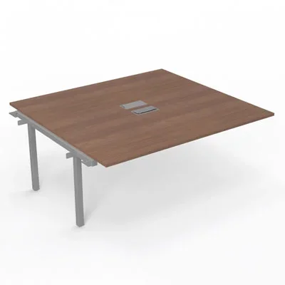 Bureau Arial partagé – élément suivant – L. 180 x P. 165 cm ép. 25 mm – monoplateau mélamine noyer ambré avec 2 trappes et goulotte incluses – piétement arche métal lisse gris aluminium