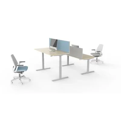 Bureau assis-debout réglage électrique Eminence – 160 x 80 cm – plateau chêne – piétement colonne centré aluminium