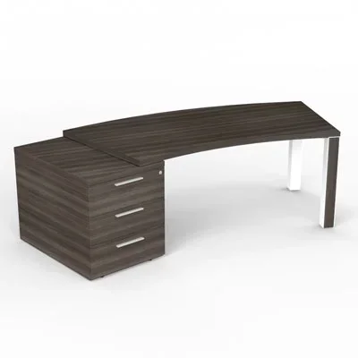 Bureau cintré Kara L. 238 x P. 90 cm mélamine chêne royal brun – caisson porteur 3 tiroirs top mélamine – 2 pieds carrés métal lisse blanc 2 faces bois mélamine chêne royal brun