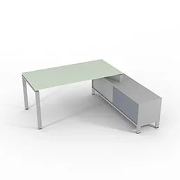 Bureau de direction sur retour porteur gamme RIO – 180 x 165 cm – plateau verre blanc – piètement gris aluminium – portes gris fumé