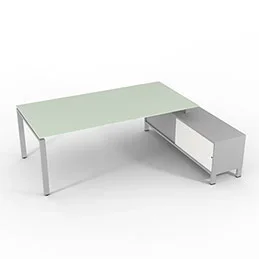 Bureau de direction sur retour porteur gamme RIO – 220 x 165 cm – plateau verre blanc – piètement gris aluminium – portes blanches
