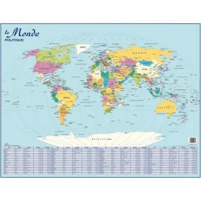 Carte murale du Monde Politique – surface pelliculée – format 66 x 90 cm – 4 oeillets pour suspension