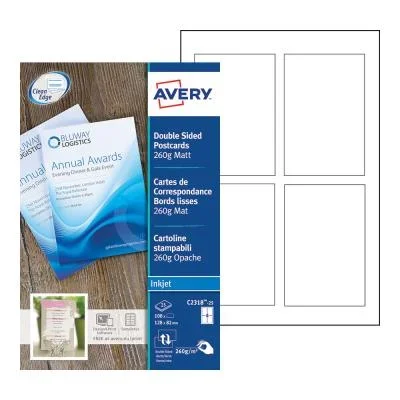 Cartes de correspondances Avery C2318 – impression jet d&rsquo;encre finition mate – 12,8 x 8,2 cm – 260g – pochette de 100