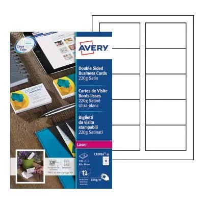 Cartes de visite Avery C32016 – format 8,5 x 5,4 cm – 220 g -impression laser finition mate – pochette de 100