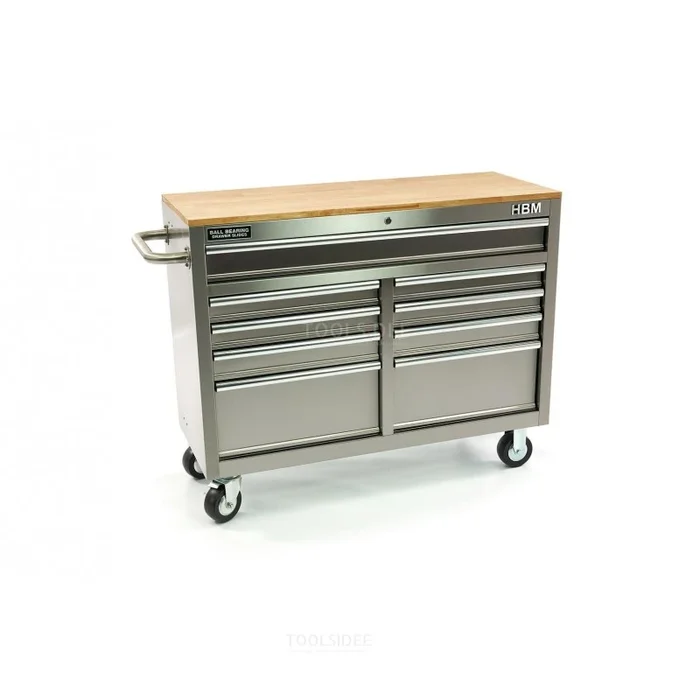 Chariot à outils mobile HBM avec plan de travail en bois – 117 cm – Acier inoxydable