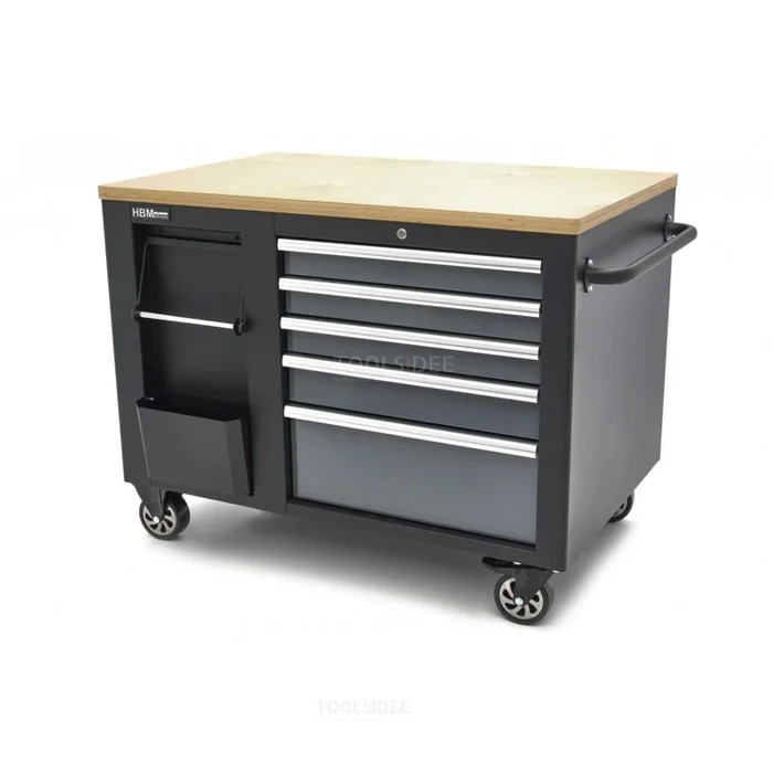 Chariot à outils mobile hbm, établi 114 cm avec plan de travail en bois, noir/gris