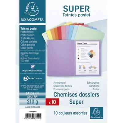 Chemise Exacompta Super 250 – carte 210 g – coloris assortis – 24 x 32 cm – paquet de 10