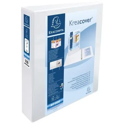 Classeur à anneaux personnalisable 3 faces plastifié Exacompta Kreacover – 4 anneaux en D 40mm – A4 maxi – Dos 6,4 cm – Capacité 370 feuilles – blanc