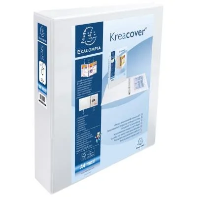 Classeur à anneaux personnalisable 3 faces plastifié Exacompta Kreacover – 4 anneaux en D 50mm – A4 maxi – Dos 7,5 cm – Capacité 460 feuilles – blanc