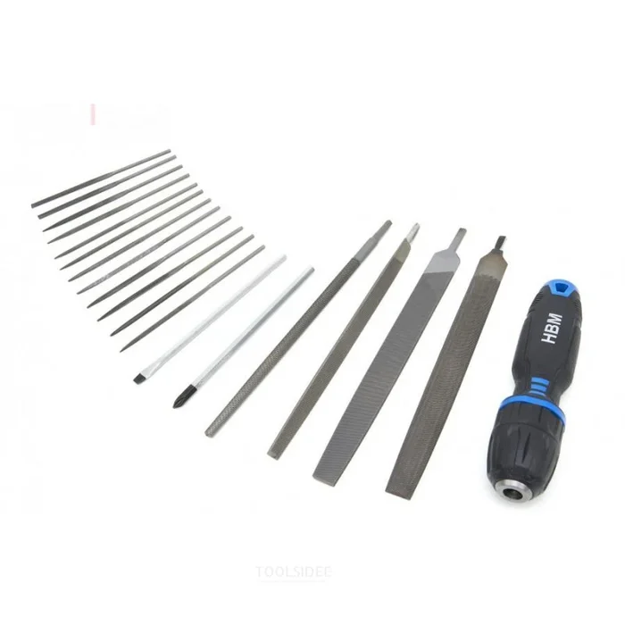 Coffret de limes professionnelles HBM 19 pièces avec manche antidérapant et poignée souple, dans un étui de rangement robuste