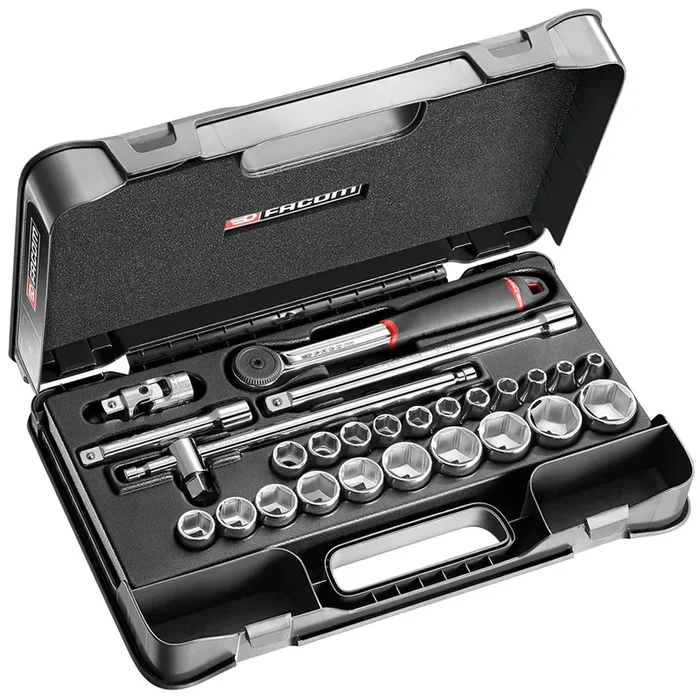 Coffret douilles 26 pieces 1/2 Mbox Facom 6 pans metriques avec cliquet tete ronde