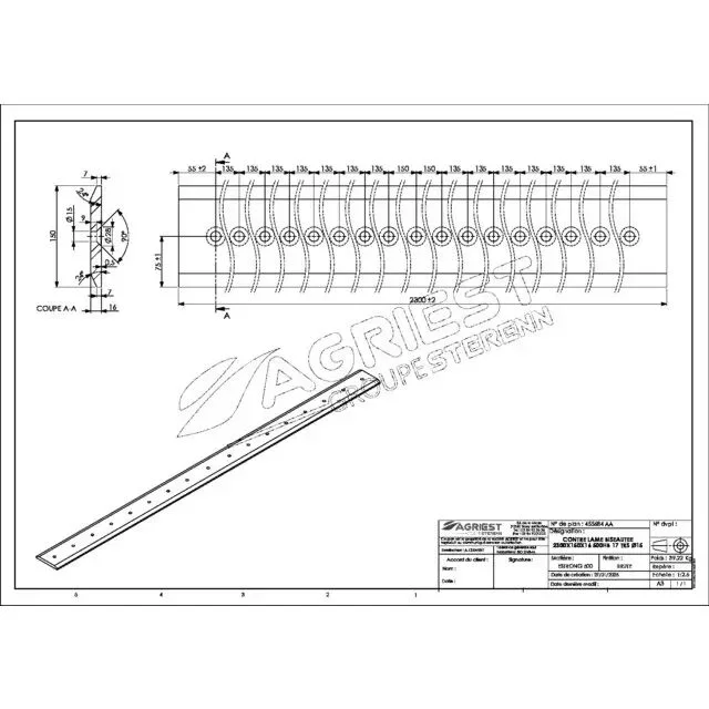 Contre lame godet biseautée 2300x150x16 mm 500hb 17 trs ø15