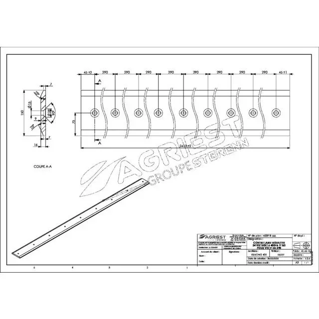 Contre lame godet percée 150×16 mm 400 hb longueur 2410 9 perçages ø15 ea 290