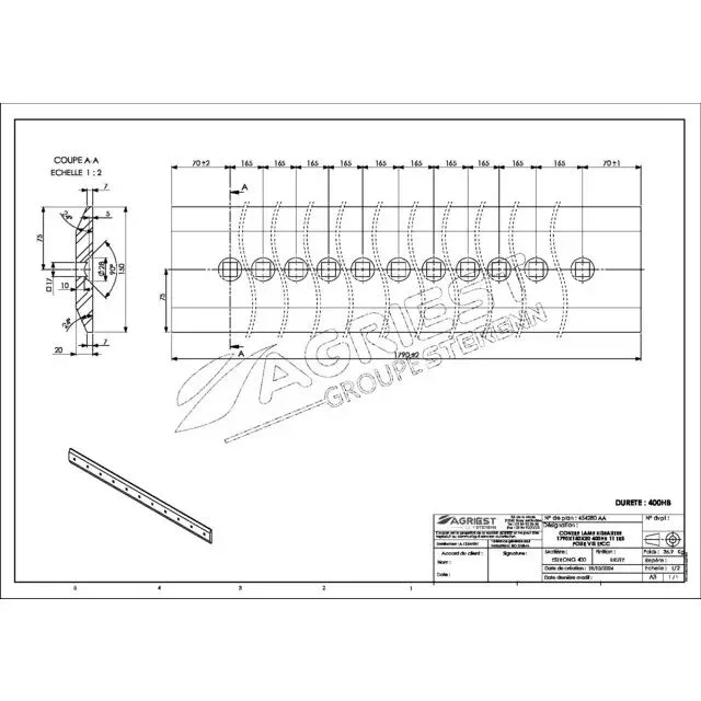 Contre lame godet percée 150×20 mm 400 hb longueur 1790 11 perçages 17 avec collet carre