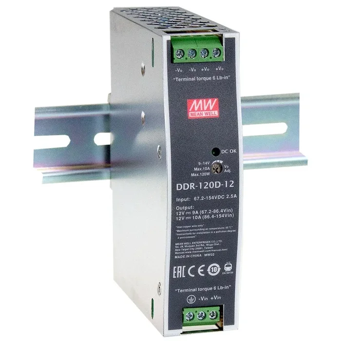 Convertisseur DC-DC MEAN WELL DDR-120, Rail DIN, 120W, 12V c.c., 10A