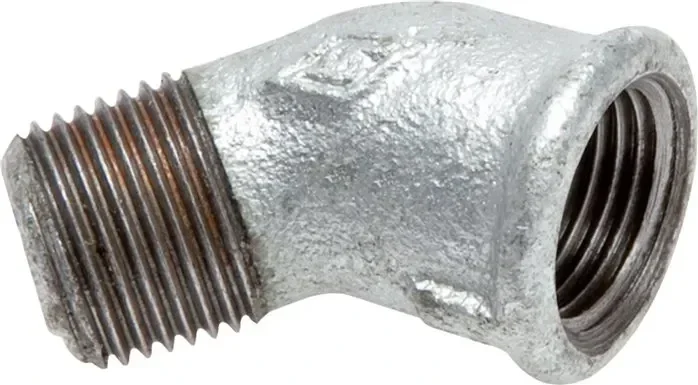 coude à visser à 45° Rp 3/8″(FF)-R 3/8″(MF), fonte malléable galvanisée