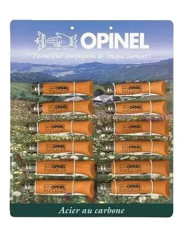 Couteau lame acier carbone carte presentoir de 12 opinel