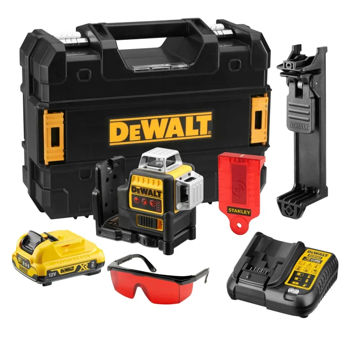 DeWALT DCE089D1R 10,8 V Li-Ion batterie auto-niveleuse 3×360° degrés laser multiligne (1x 2,0 Ah batterie) dans un coffret – 3 lignes – 15 m – rouge
