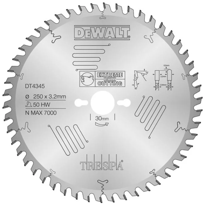 DeWALT DT4345 Lame de scie circulaire – Extreme – 250 x 30 – 50 dents – Bois / Stratifié