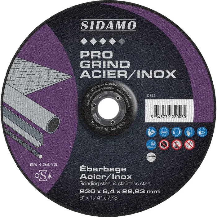 DISQ EBARB PRO GRIND ACIER INOX D.230 x 6.5 x 22,23 SIDAMO – 10222003