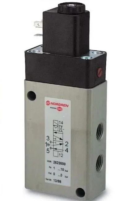 Electrodistributeur pneumatique Norgren série 26230 fonction 5/2, Bobine/Ressort, G 1/4, 24V c.c.