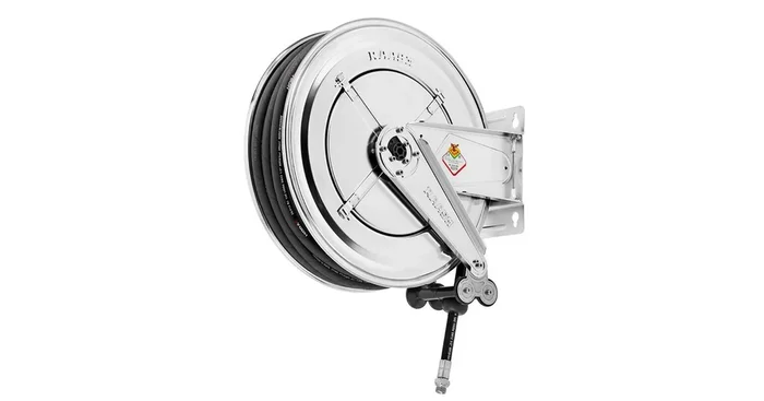 Enrouleur air et eau 18 m Ø G 1/2″ (f) 20 bars Inox 304 avec enroulement automatique et support mural fixe Raasm