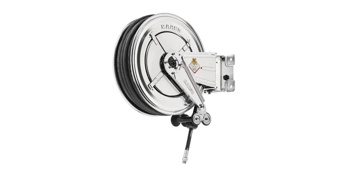 Enrouleur air et eau 20 m Ø G 1/2″ (f) 20 bars Inox 304 avec enroulement automatique et support mural pivotant Raasm