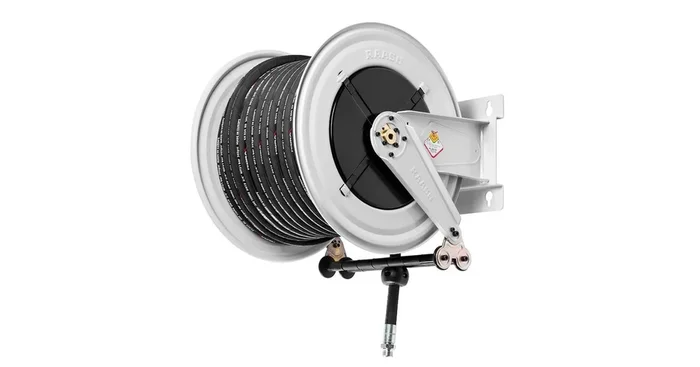 Enrouleur air et eau 30 m Ø G 1″ (f) 20 bars Acier peint avec enroulement automatique et support mural fixe Raasm
