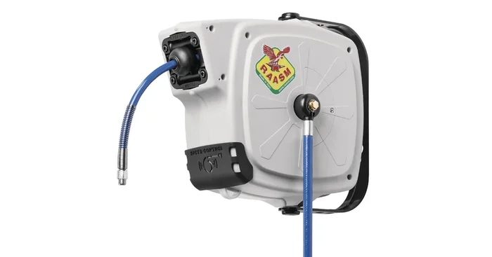 Enrouleur air et eau 8 m Ø G 3/8″ (m) 20 bars Tech avec enroulement automatique et support mural pivotant Raasm