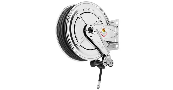 Enrouleur d’eau chaude 10 m Ø 1/2″ 100 bars Inox 304 avec enroulement automatique et support mural pivotant Raasm