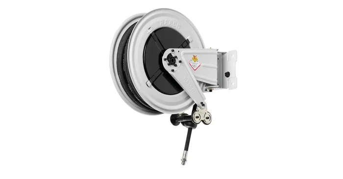 Enrouleur Graisse 18 m ø 3/8″ 400 bars Acier Peint avec enroulement automatique et support mural pivotant Raasm