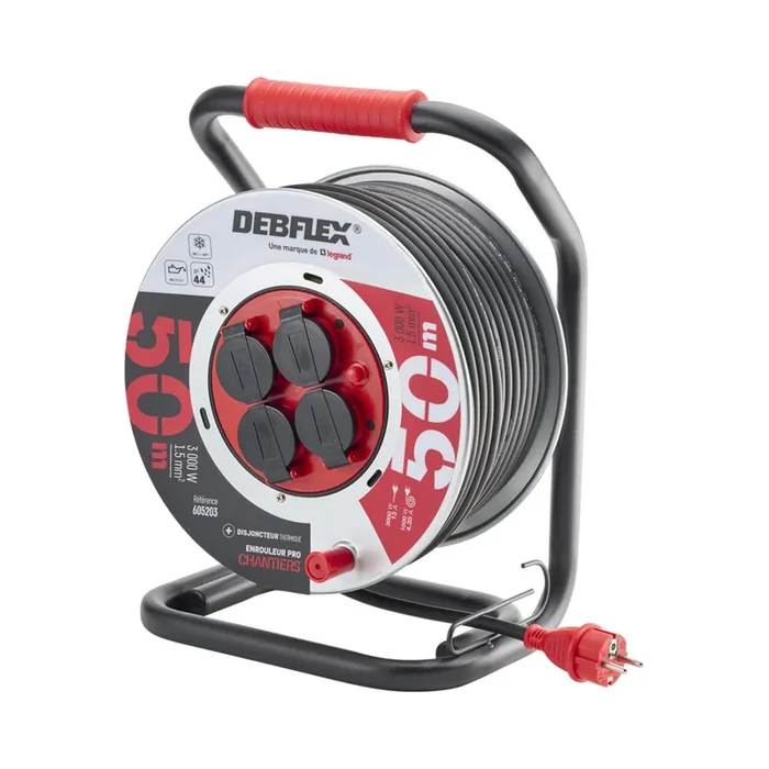 ENROULEUR METAL HO7RN-F 3G1,5 4 PRISES ETANCHE IP44 50M – DEBFLEX – 605203