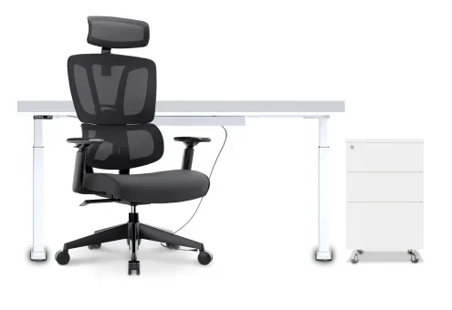 Ensemble de bureau : Chaise de bureau LENA bureau réglable en hauteur MILLA200 et caisson roulant FRIDA de TOPREGAL