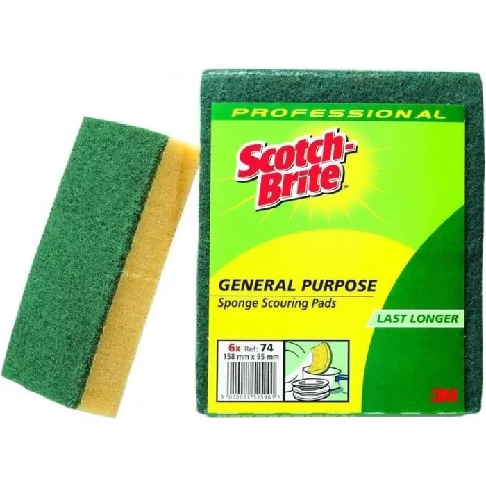 Eponge synthetique recurante usage normal 3M Scotch-Brite 74, Jaune Vert, 95 mm x 158 mm