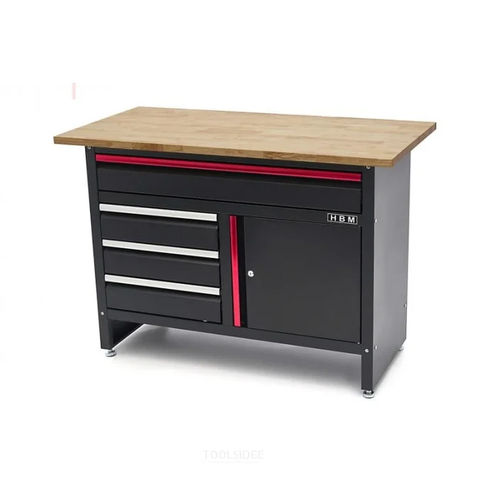 Établi HBM 120 cm avec 4 tiroirs, 1 porte et plateau en bois noir