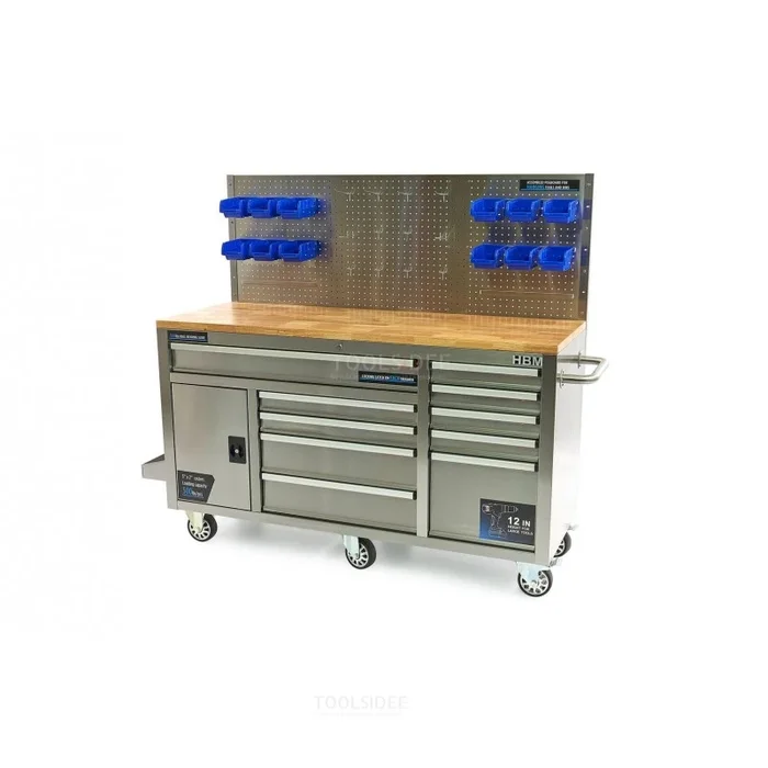 Établi HBM 158 cm 10 tiroirs avec porte et panneau arrière, acier inoxydable