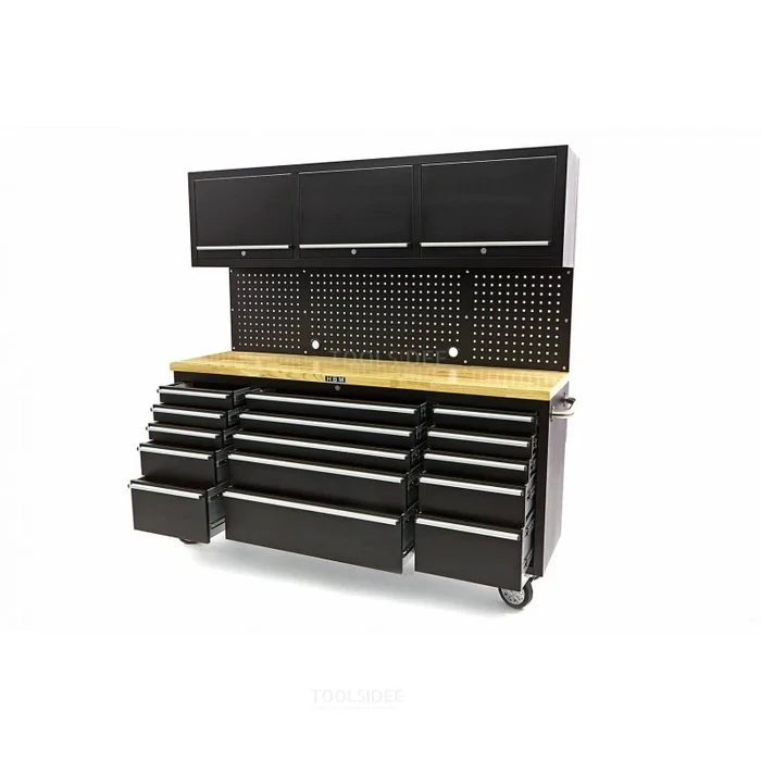 Établi HBM avec armoire et plan de travail en bois, 182 cm, noir