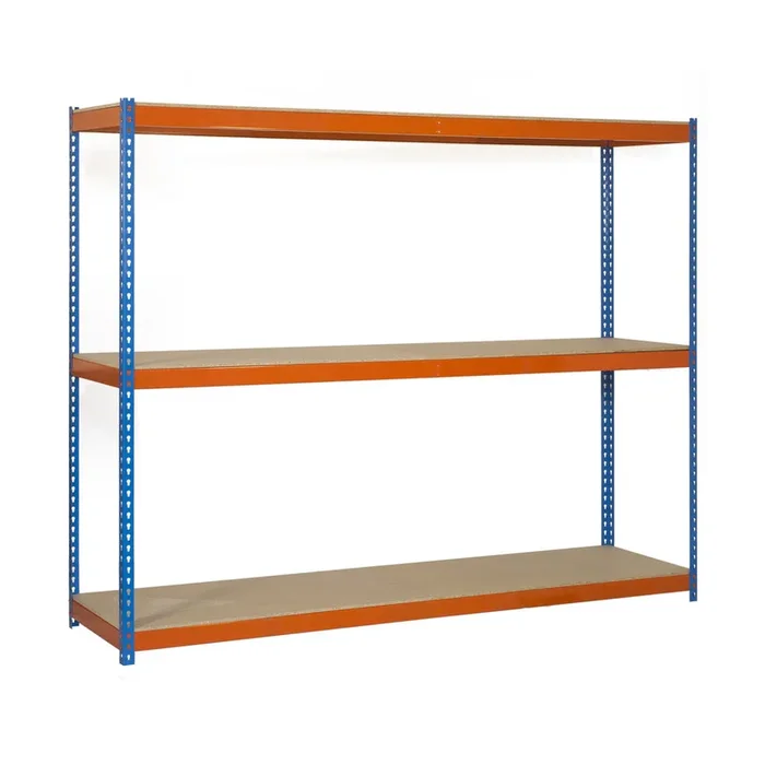 Étagère charge moyenne 500 à 600kg – 2000x2400x900 – 3 niveaux Bleu/Orange/Bois – SIMON RACK – 8435104950975