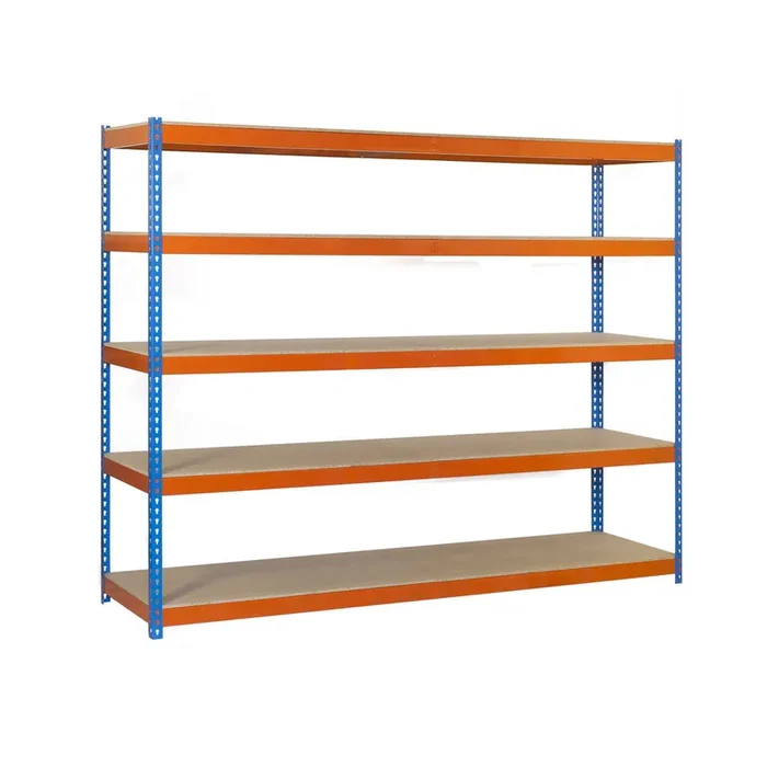 Étagère charge moyenne 500 à 600kg – 2500x1200x450 – 5 niveaux Bleu/Orange/Bois – SIMON RACK – 8435104956786