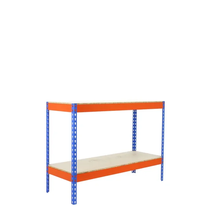 Étagère mobile charge moyenne 400kg – 900x1200x450 – 2 niveaux Bleu/Orange/Bois – SIMON RACK – 8435104957585