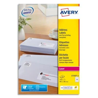 Etiquettes adresse/expédition Avery L7163-15 – 99,1 x 38,1mm – impression laser – blanc – boîte de 210