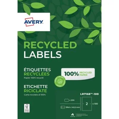 Etiquettes adresse laser recyclées Avery LR7168 – impression laser – blanc – 199,6 x 143,5 mm – boîte de 100