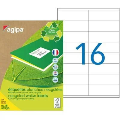 Etiquettes adresses recyclées blanches Apli – 105 x 35 mm – 100 feuilles A4 – 1600 étiquettes par boîte
