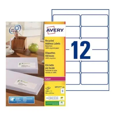 Étiquettes adresses recyclées LR7177 Avery – pour imprimante laser – 99,1 x 42,3 mm – blanc – 1200 étiquettes par boîte