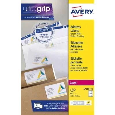 Étiquettes auto-adhésives d&rsquo;adresses laser Avery – faciles à décoller – 63,5 x 33,9 mm – 24 Étiquettes par feuilles A4 – blanches – paquet 40 feuilles