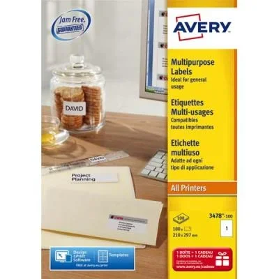 Etiquettes Avery 3478 – laser jet d’encre ou copieur – 21 x 29,7 cm – blanc – boîte de 100